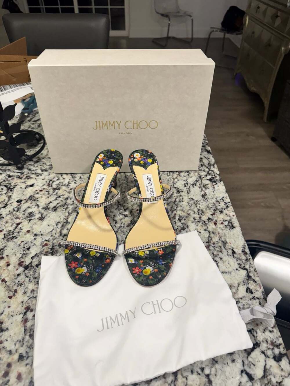 Jimmy Choo Floral Crystal Strap Mules Heels Size 40 EU +Box +Bag